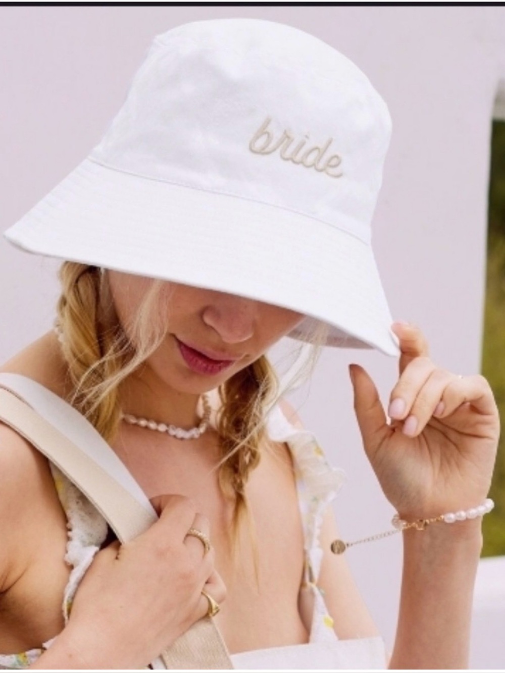Bride bucket hat white with cream tan script writing